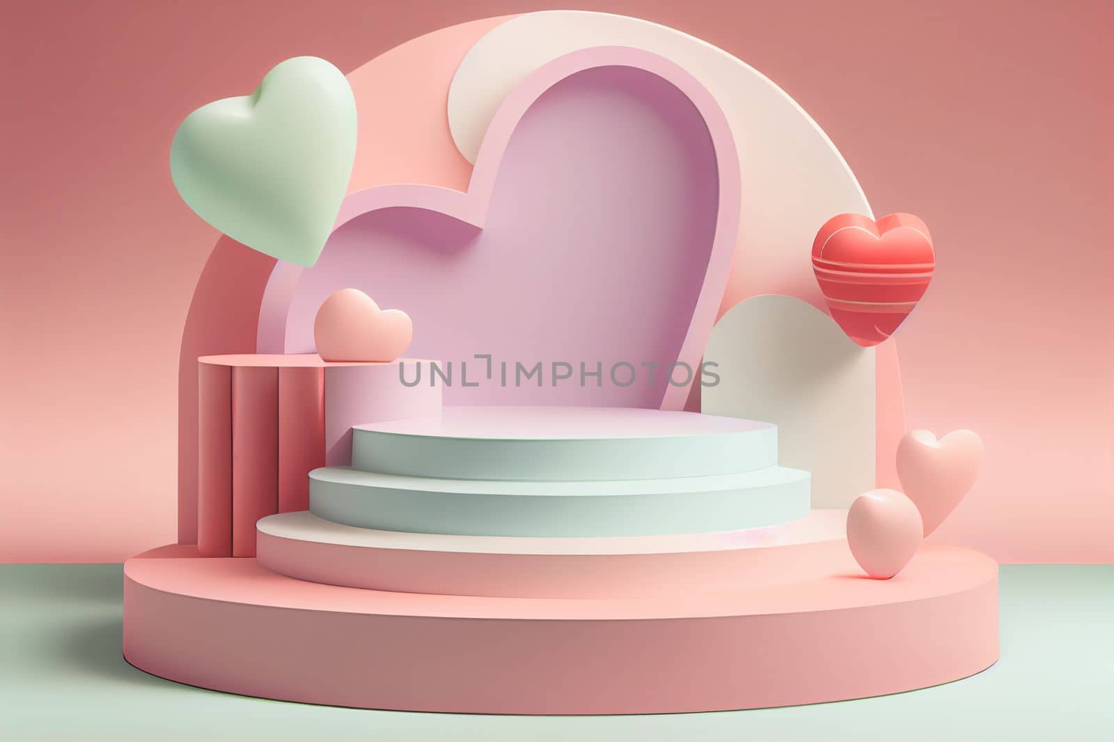 Empty pastel cylinder podium with 3D hearts and copy space background. Valentine's Day interior with pedestal. Mockup space for display of product. 3D rendering.