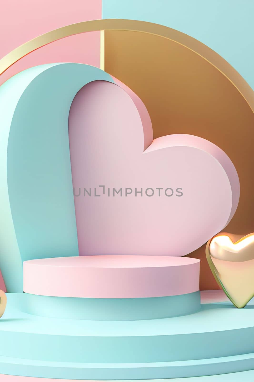 Empty pastel cylinder podium with 3D hearts and copy space background. Valentine's Day interior with pedestal. Mockup space for display of product. 3D rendering.