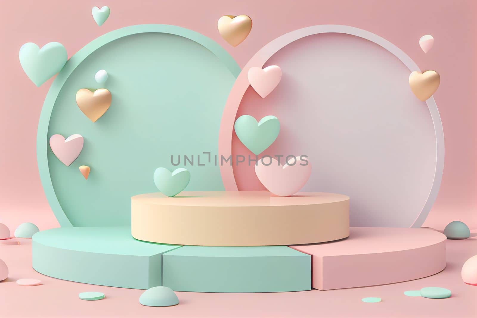 Empty pastel cylinder podium with 3D hearts and copy space background. Valentine's Day interior with pedestal. Mockup space for display of product. 3D rendering.