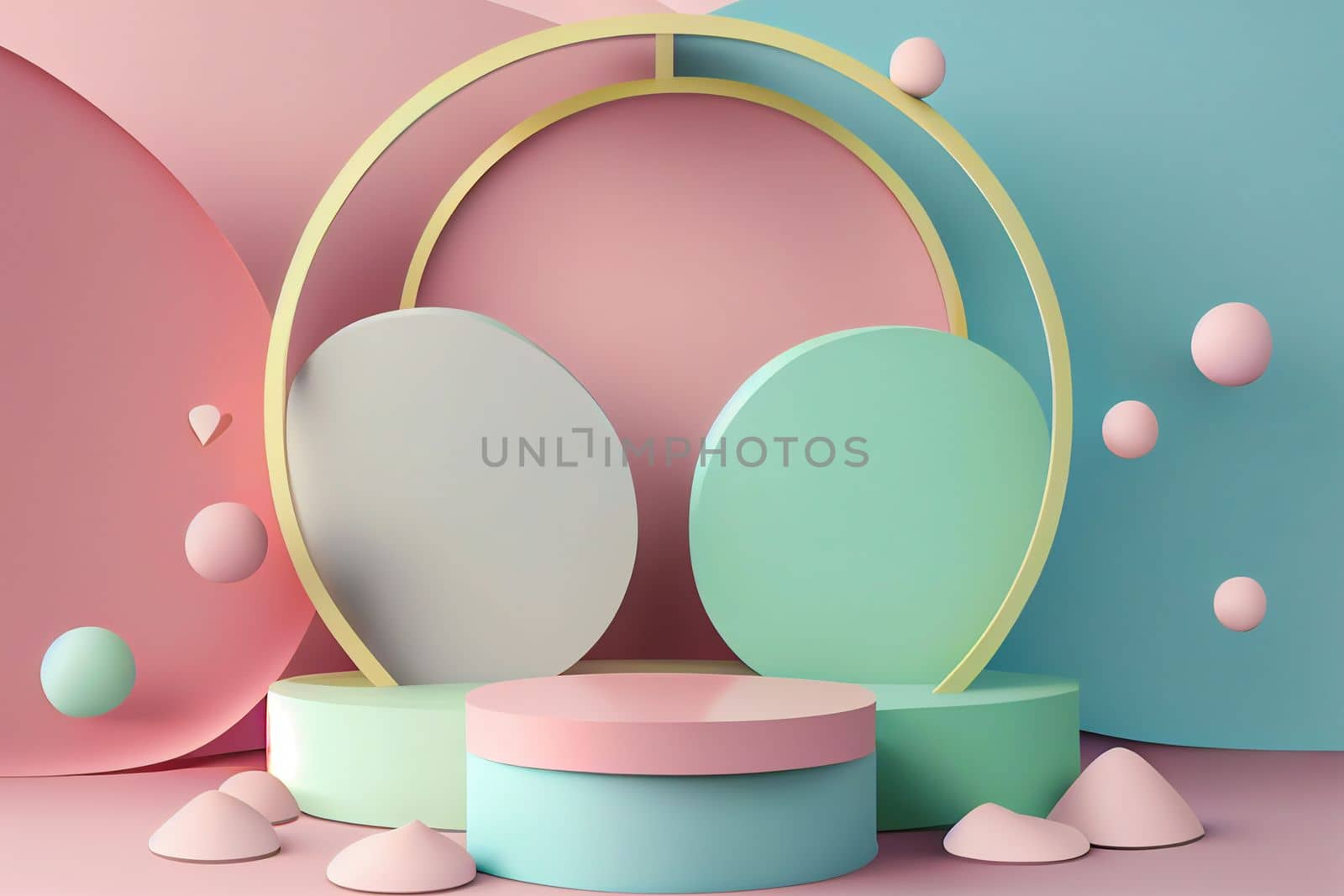 Empty pastel cylinder podium with 3D hearts and copy space background. Valentine's Day interior with pedestal. Mockup space for display of product. 3D rendering.