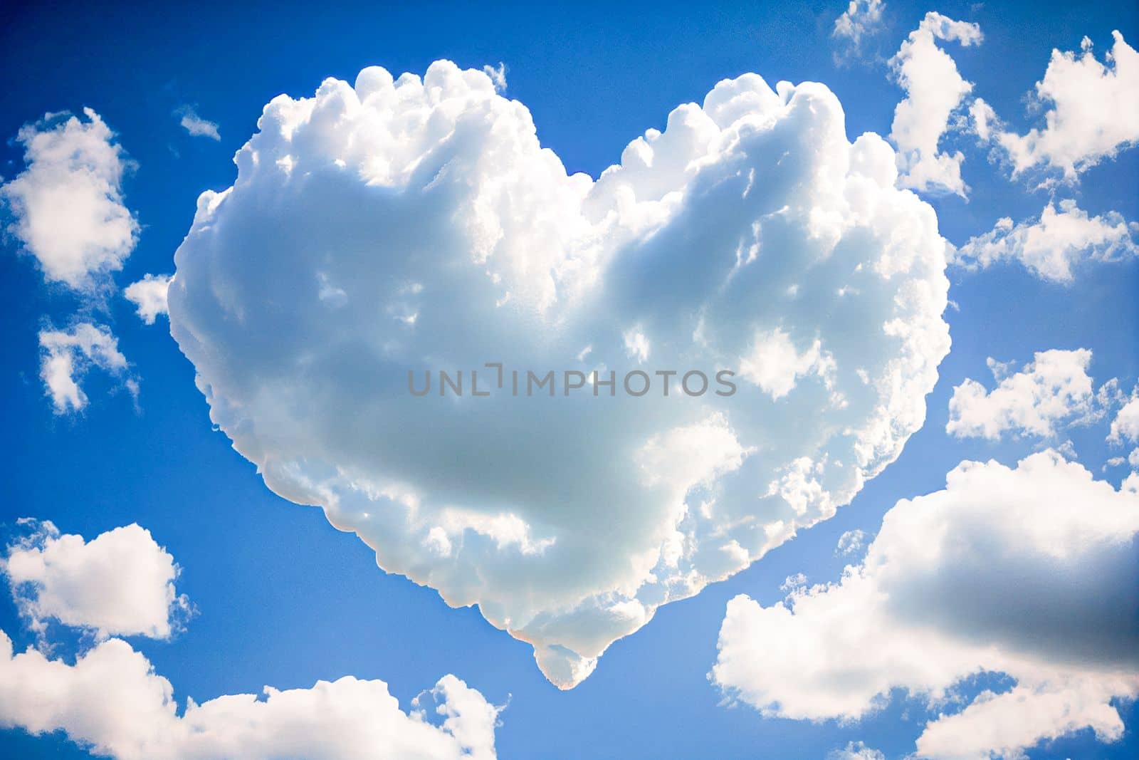 Heart shaped cloud on bright blue sky and white clouds.