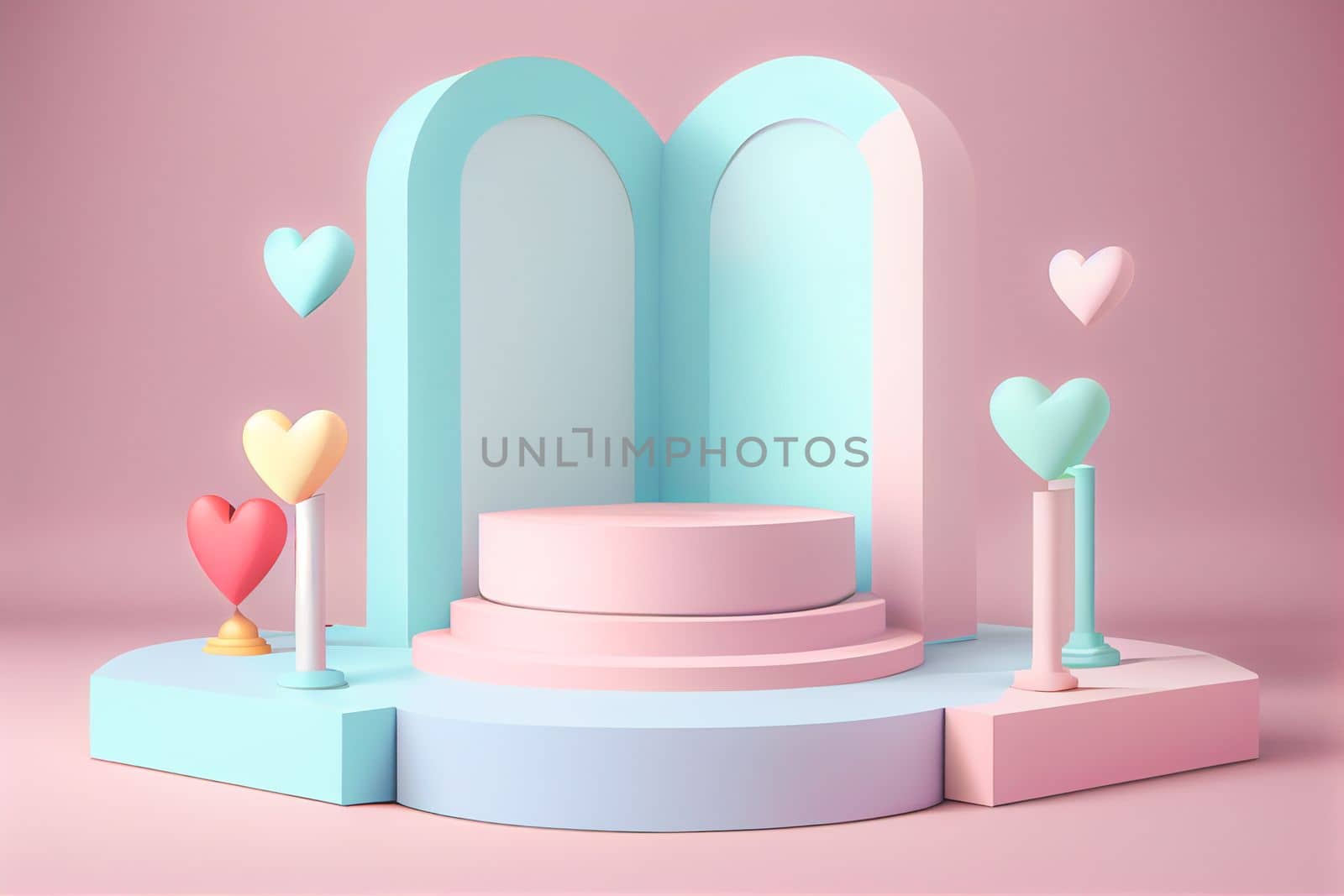 Empty pastel cylinder podium with 3D hearts and copy space background. Valentine's Day interior with pedestal. Mockup space for display of product. 3D rendering.