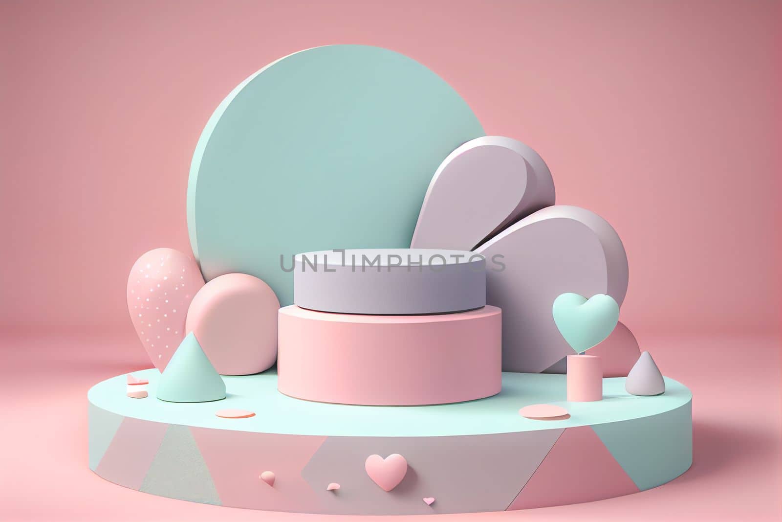 Empty pastel cylinder podium with 3D hearts and copy space background. Valentine's Day interior with pedestal. Mockup space for display of product. 3D rendering.