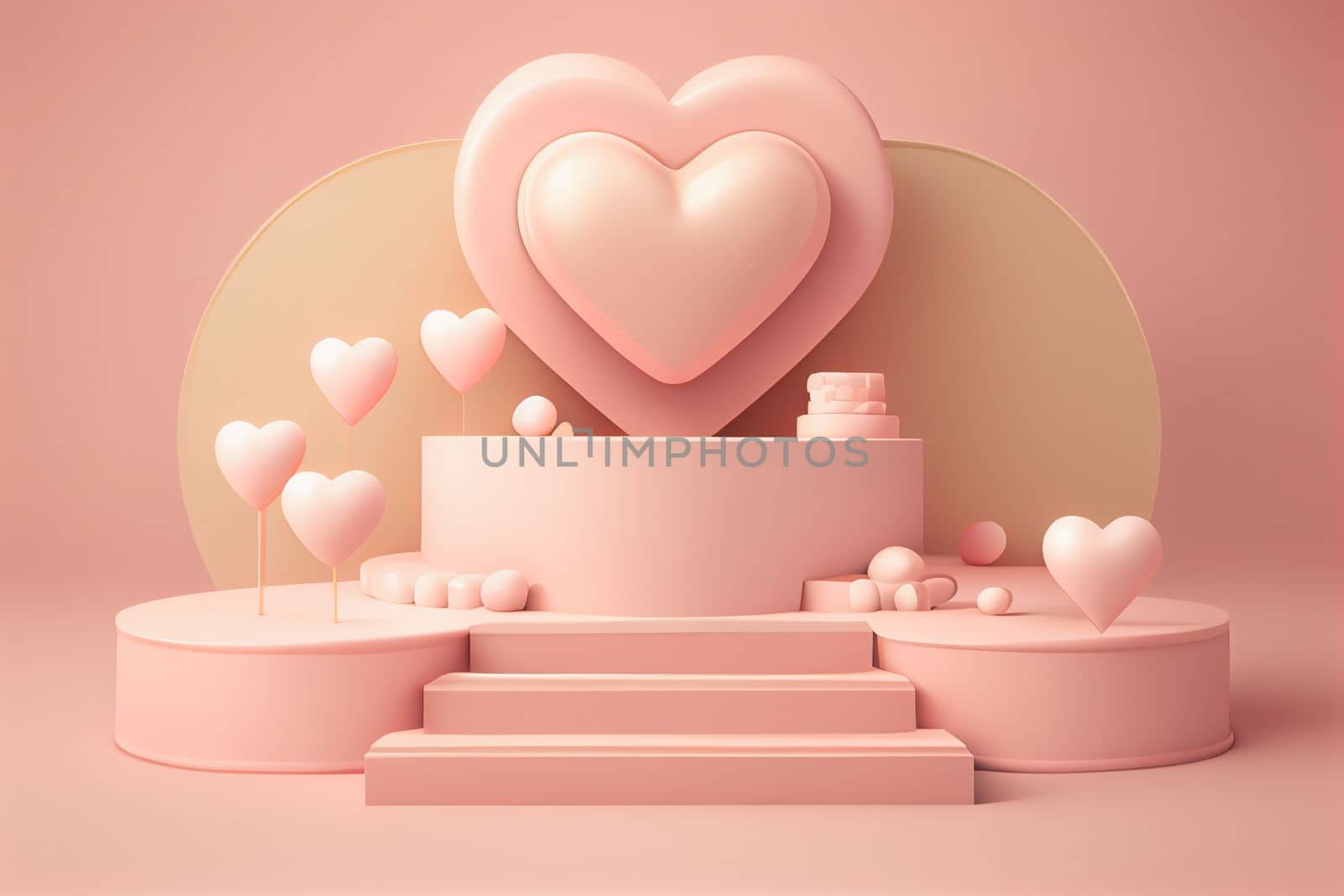 Empty pastel cylinder podium with 3D hearts and copy space background. Valentine's Day interior with pedestal. Mockup space for display of product. 3D rendering by FokasuArt