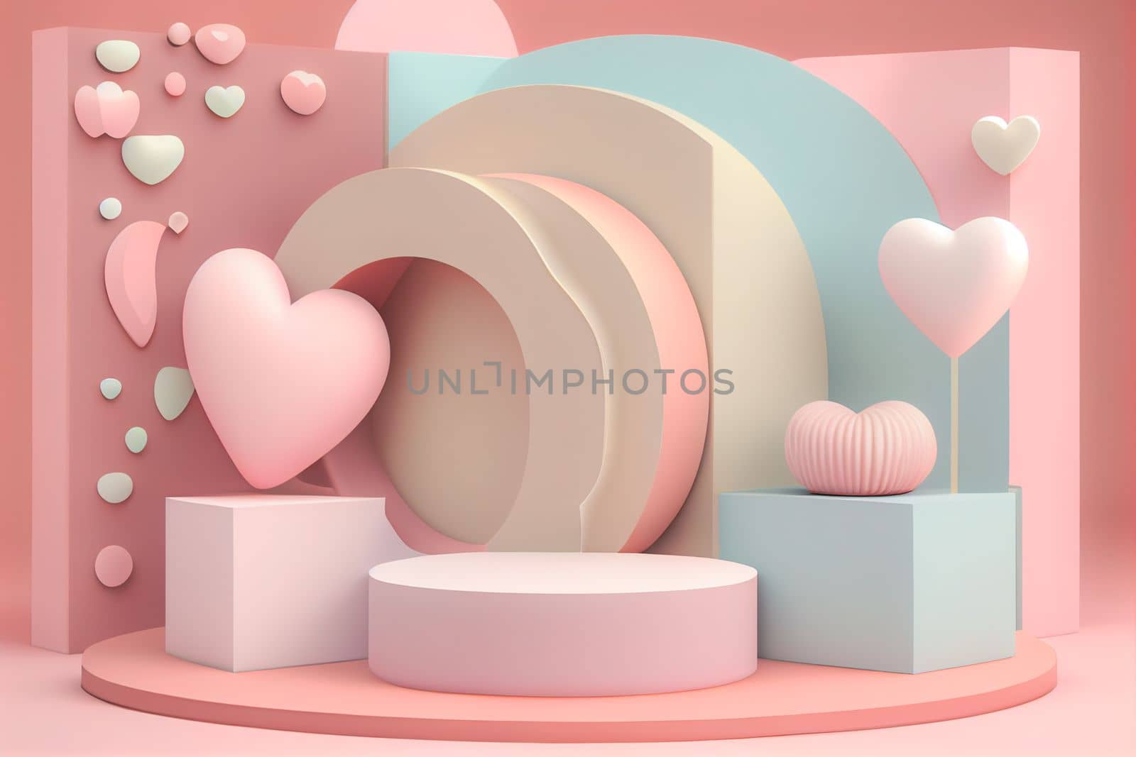 Empty pastel cylinder podium with 3D hearts and copy space background. Valentine's Day interior with pedestal. Mockup space for display of product. 3D rendering by FokasuArt