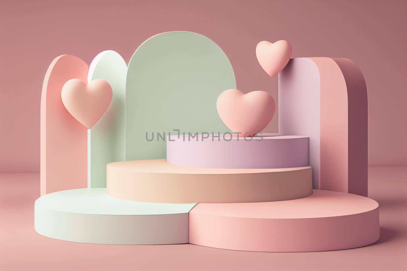 Empty pastel cylinder podium with 3D hearts and copy space background. Valentine's Day interior with pedestal. Mockup space for display of product. 3D rendering.