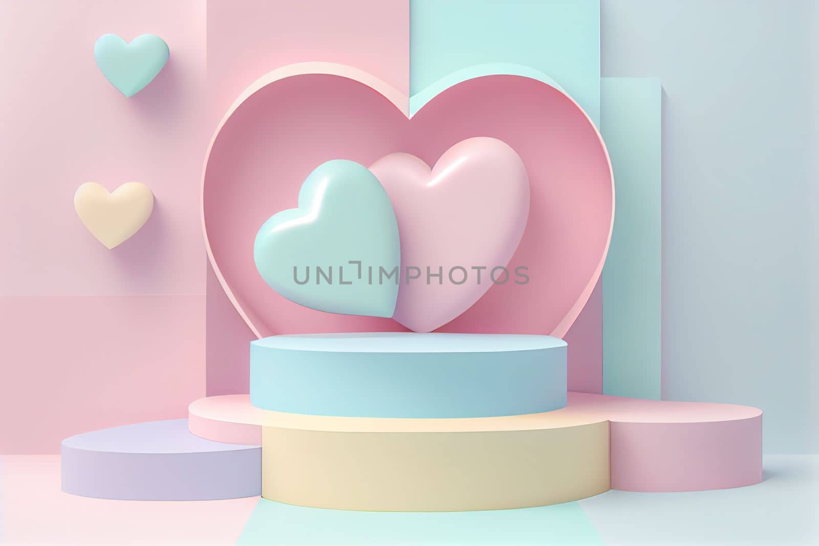 Empty pastel cylinder podium with 3D hearts and copy space background. Valentine's Day interior with pedestal. Mockup space for display of product. 3D rendering.