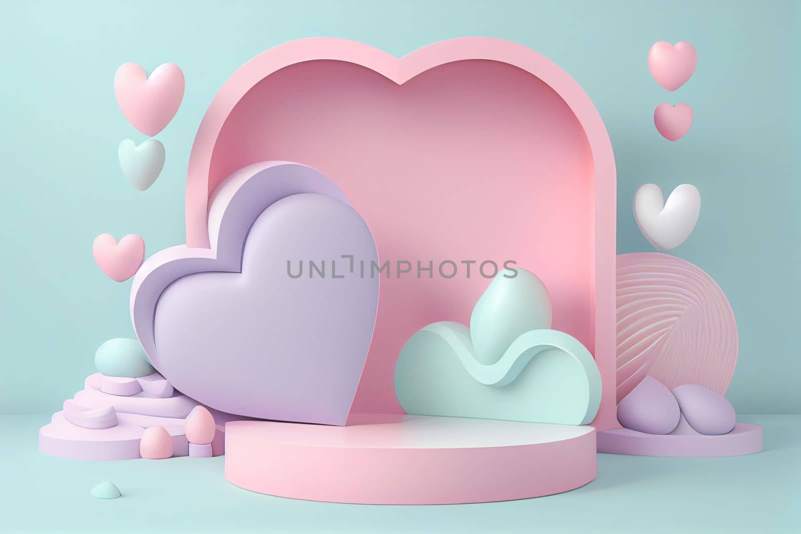 Empty pastel cylinder podium with 3D hearts and copy space background. Valentine's Day interior with pedestal. Mockup space for display of product. 3D rendering.