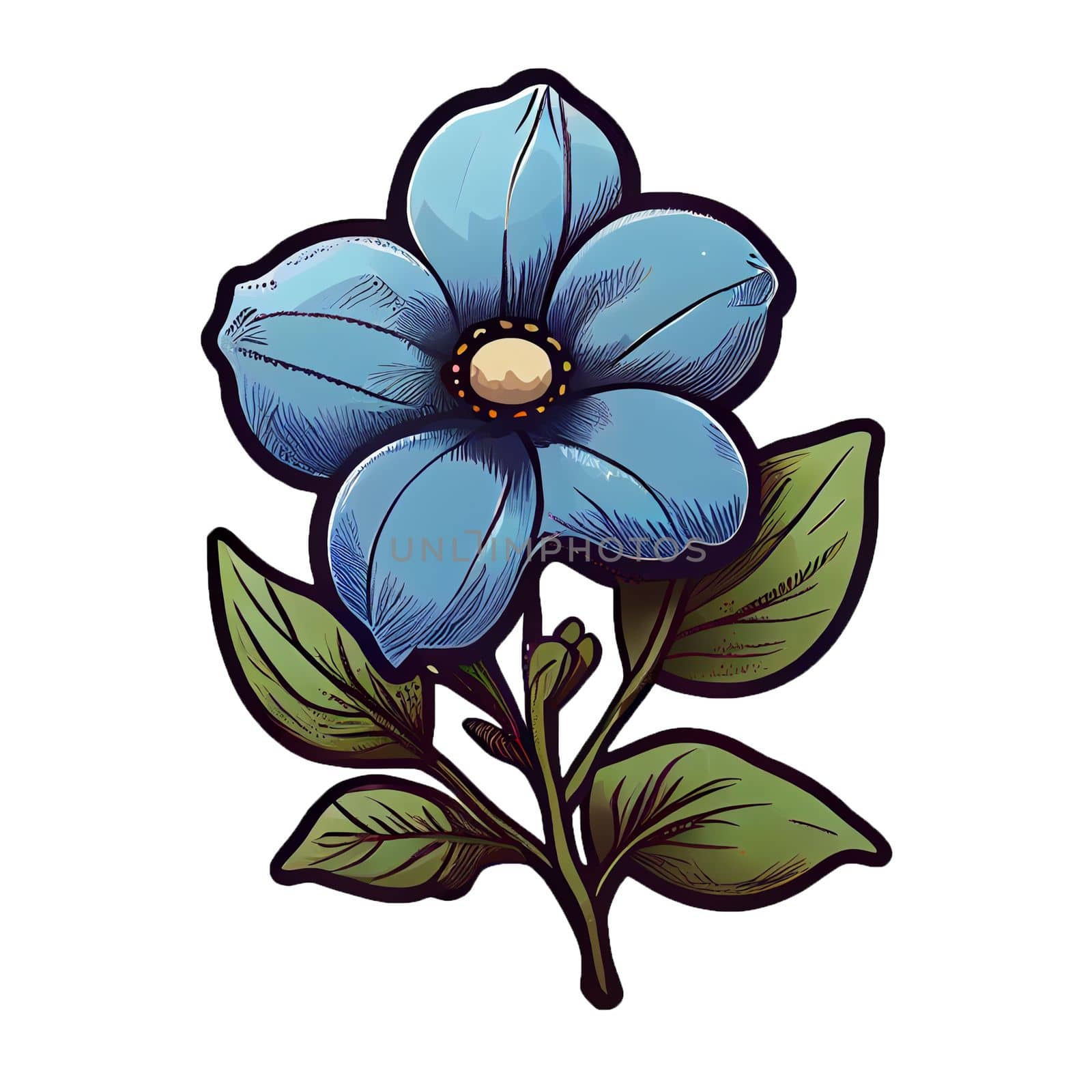 Cute blue flower hand drawn element, for decorating  Valentines Day or Mothers Day card. Sticker design.