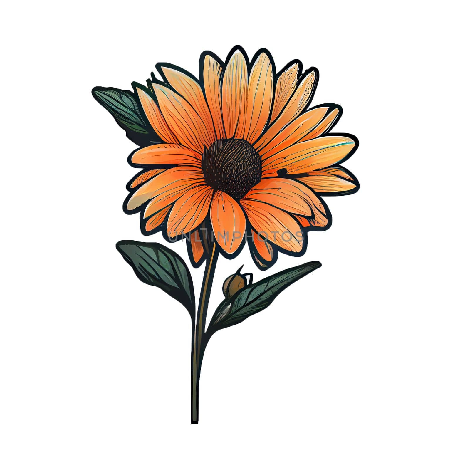 Cute orange flower hand drawn element, for decorating  Valentines Day or Mothers Day card. Sticker design.