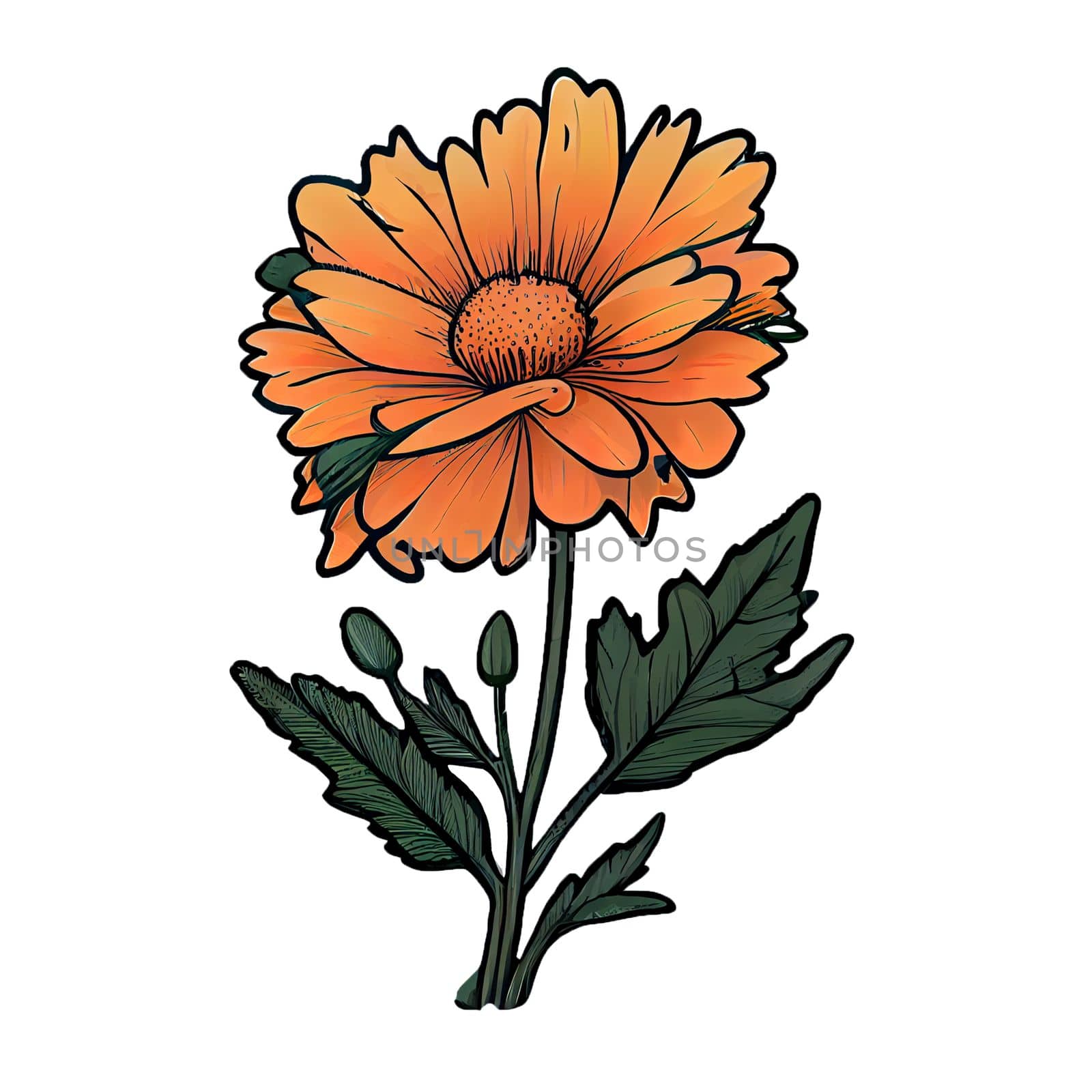 Cute orange flower hand drawn element, for decorating  Valentines Day or Mothers Day card. Sticker design.