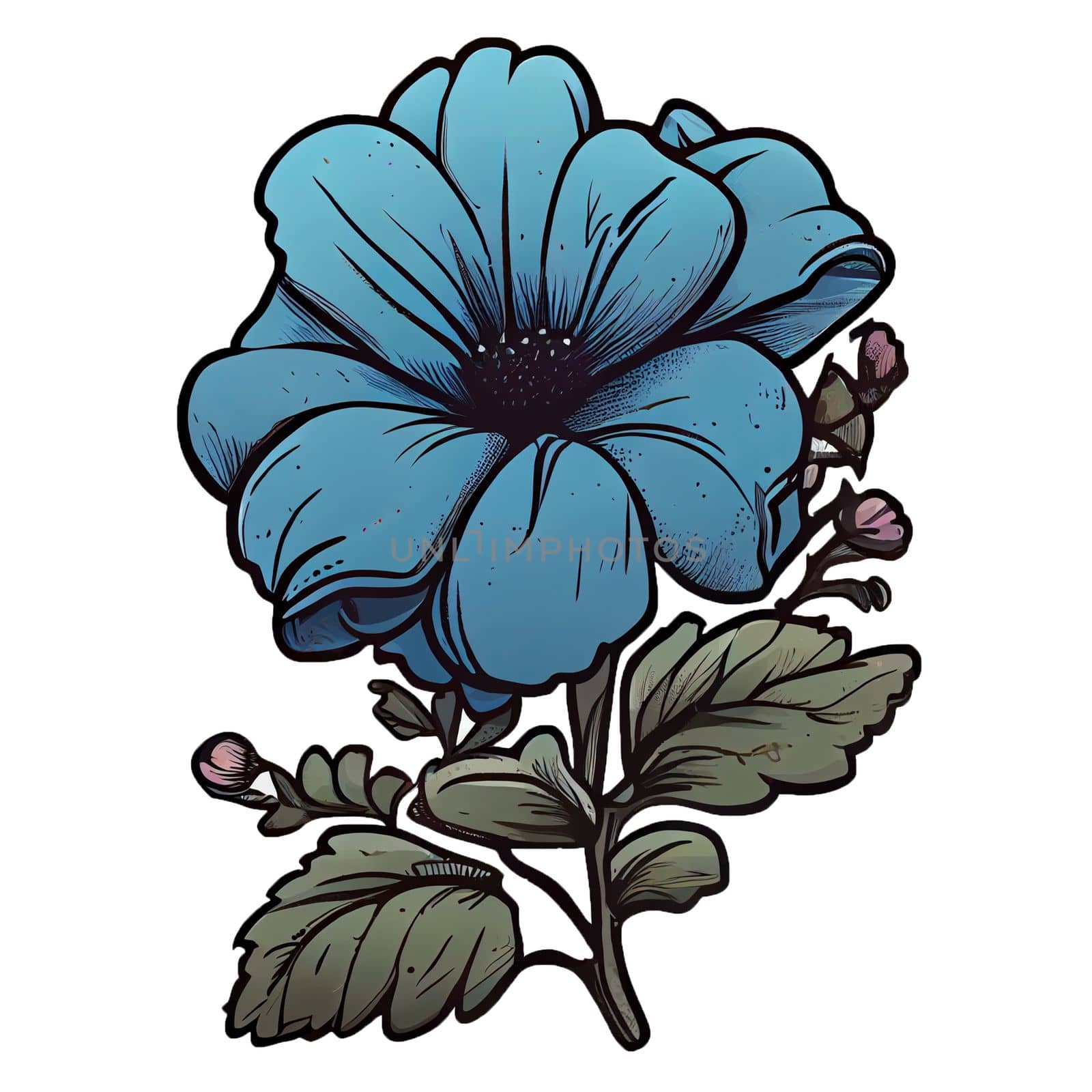 Cute blue flower hand drawn element, for decorating  Valentines Day or Mothers Day card. Sticker design.