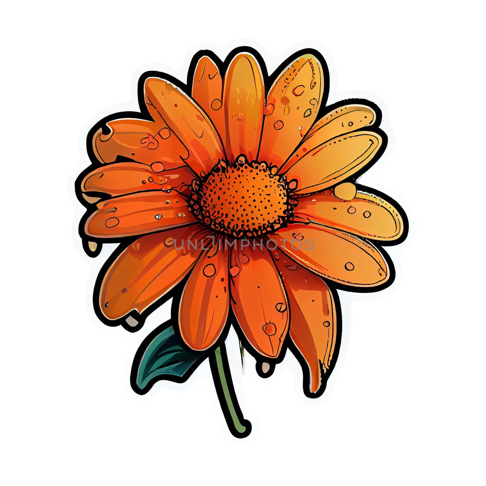 Cute orange flower hand drawn element, for decorating  Valentines Day or Mothers Day card. Sticker design.