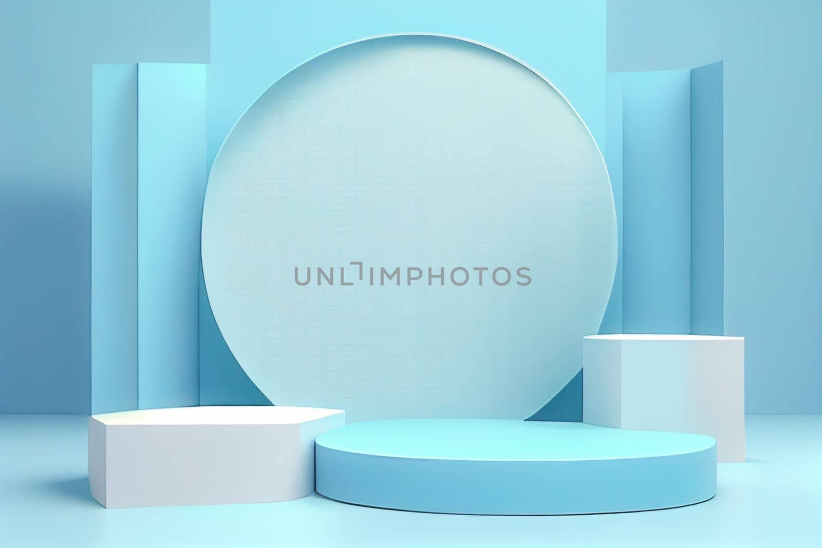 Pedestal podium with rounded corners in blue and white. Platform with geometric shapes. Scene of a minimalist wall in blue. Design of abstract in pastel colors. 