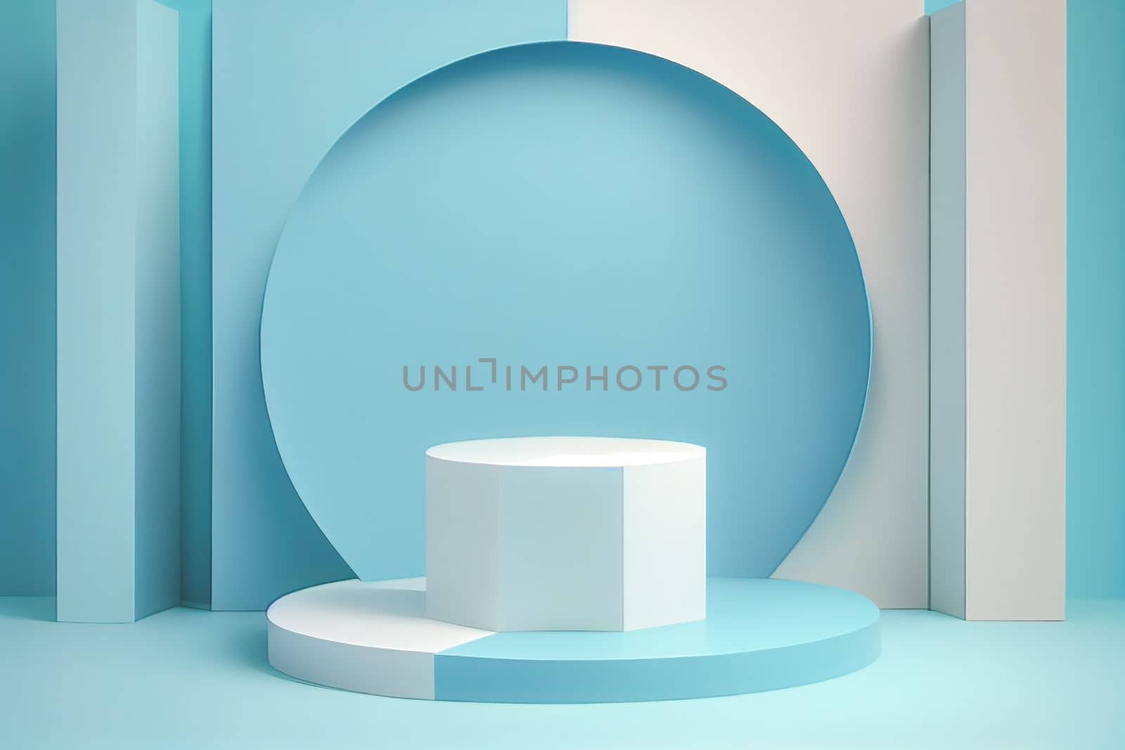 Pedestal podium with rounded corners in blue and white. Platform with geometric shapes. Scene of a minimalist wall in blue. Design of abstract in pastel colors. 