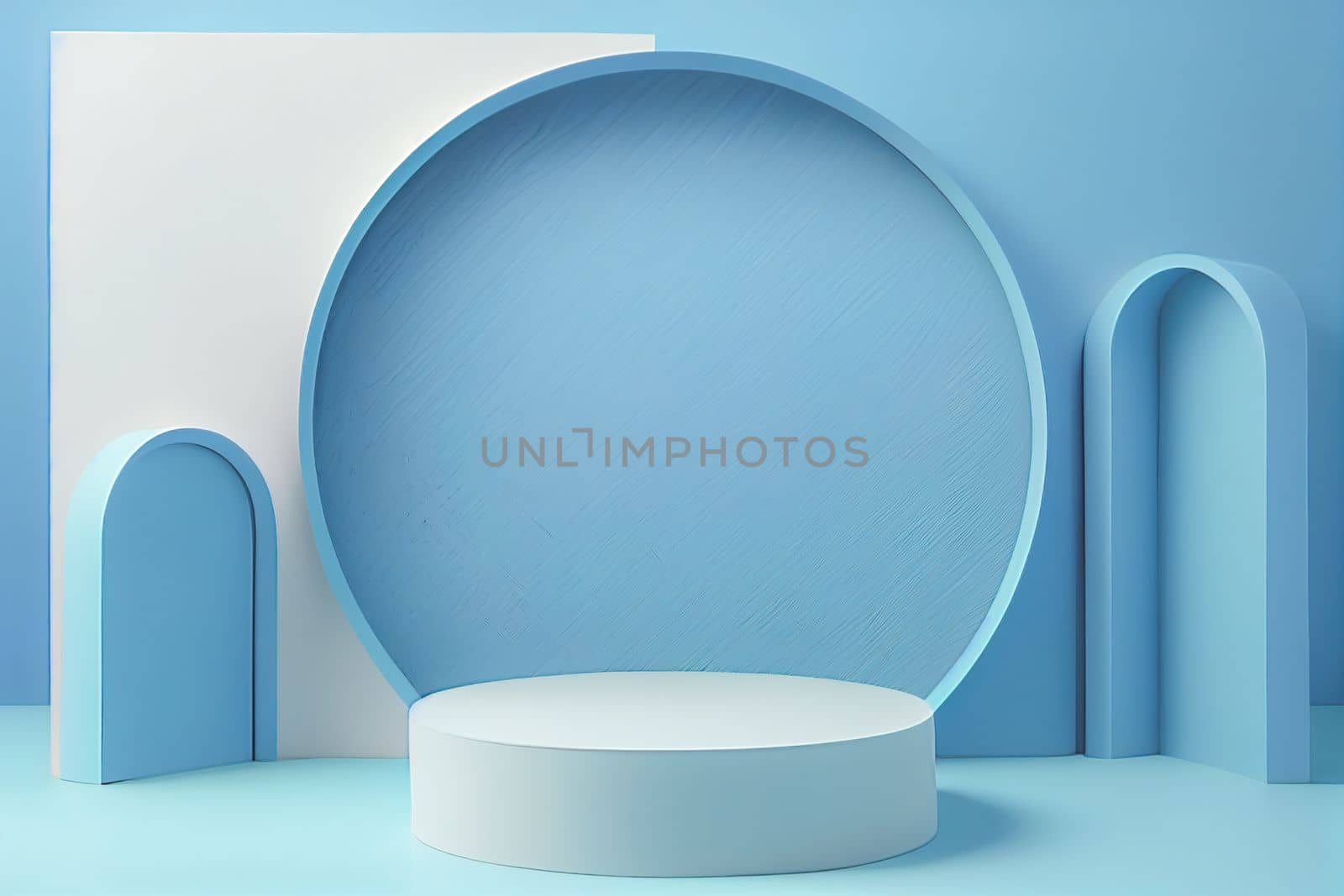 Pedestal podium with rounded corners in blue and white. Platform with geometric shapes. Scene of a minimalist wall in blue. Design of abstract in pastel colors. 