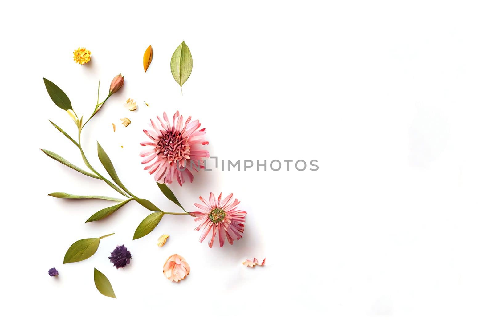 Composition of flowers. Frame pattern made from different dried flowers and leaves on white background. Flat lay, top view, copy space