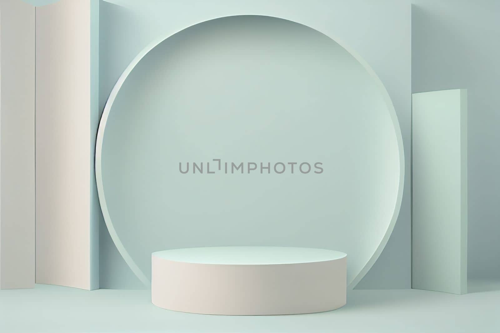 Pedestal podium with rounded corners in blue and white. Platform with geometric shapes. Scene of a minimalist wall in blue. Design of abstract in pastel colors. 