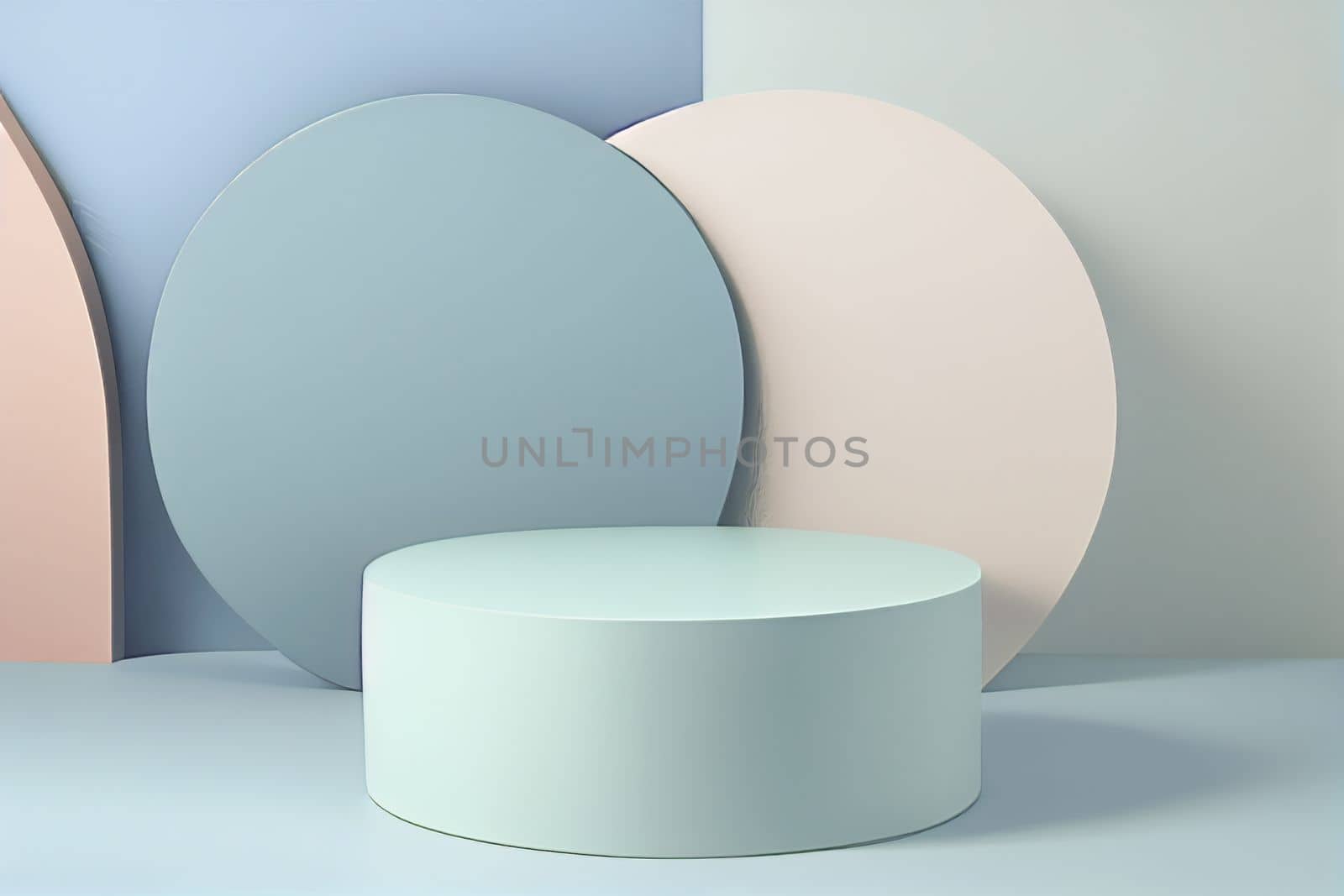Pedestal podium with rounded corners in blue and white. Platform with geometric shapes. Scene of a minimalist wall in blue. Design of abstract in pastel colors. 