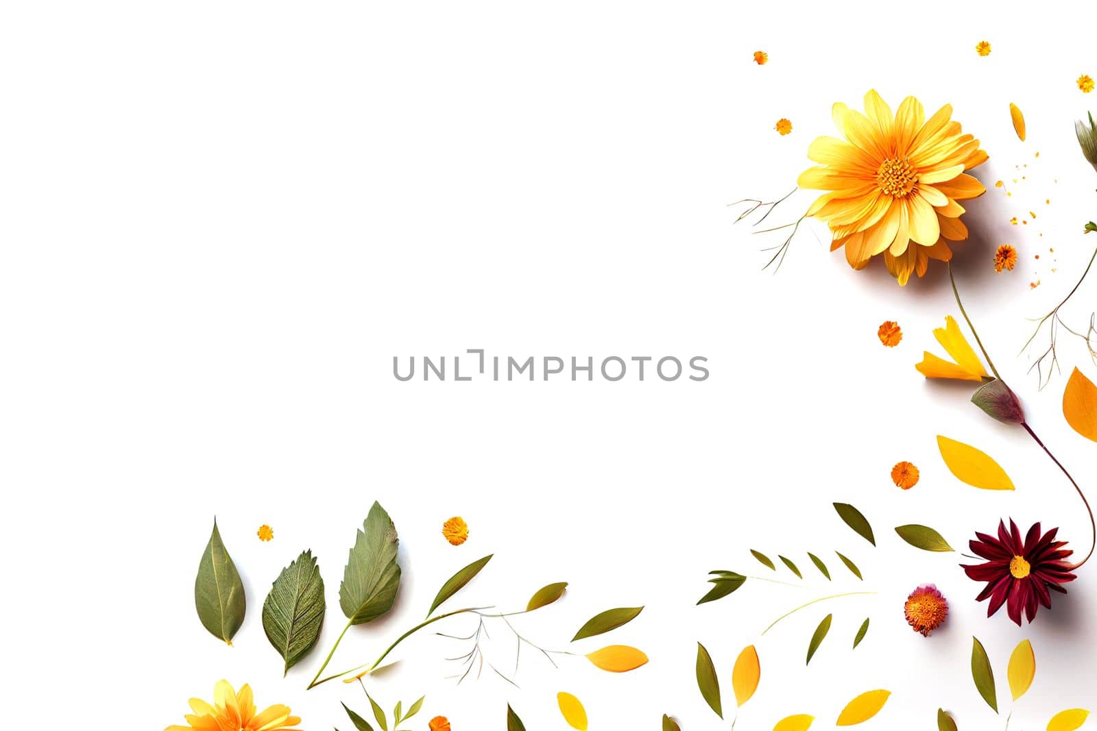 Composition of flowers. Frame pattern made from different dried flowers and leaves on white background. Flat lay, top view, copy space