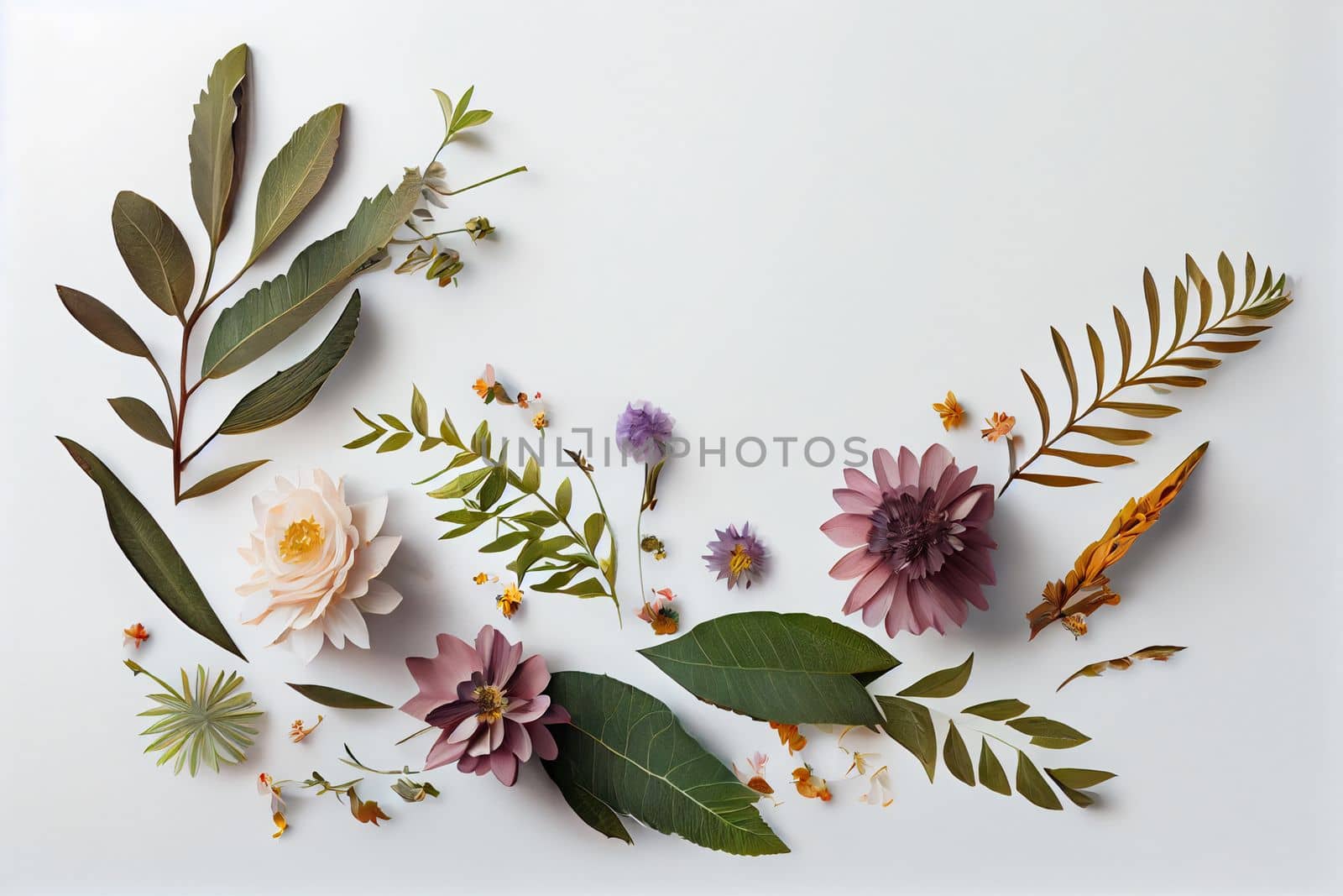 Composition of flowers. Frame pattern made from different dried flowers and leaves on white background. Flat lay, top view, copy space by FokasuArt