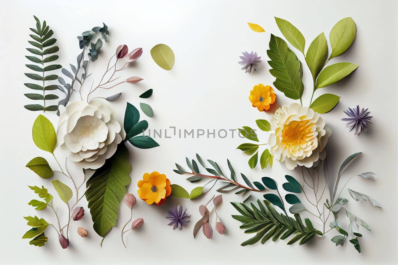 Composition of flowers. Frame pattern made from different dried flowers and leaves on white background. Flat lay, top view, copy space by FokasuArt