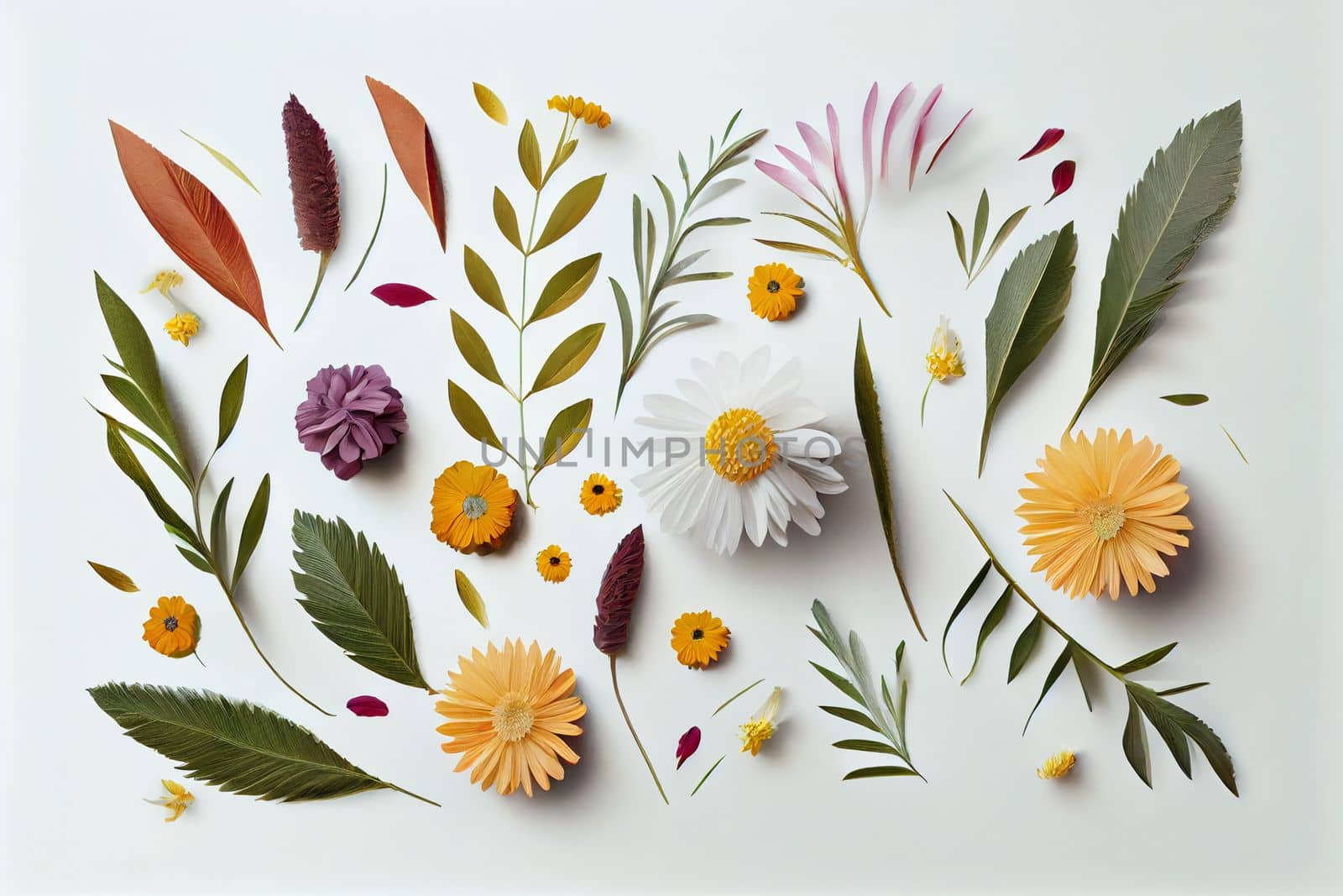 Composition of flowers. Frame pattern made from different dried flowers and leaves on white background. Flat lay, top view, copy space