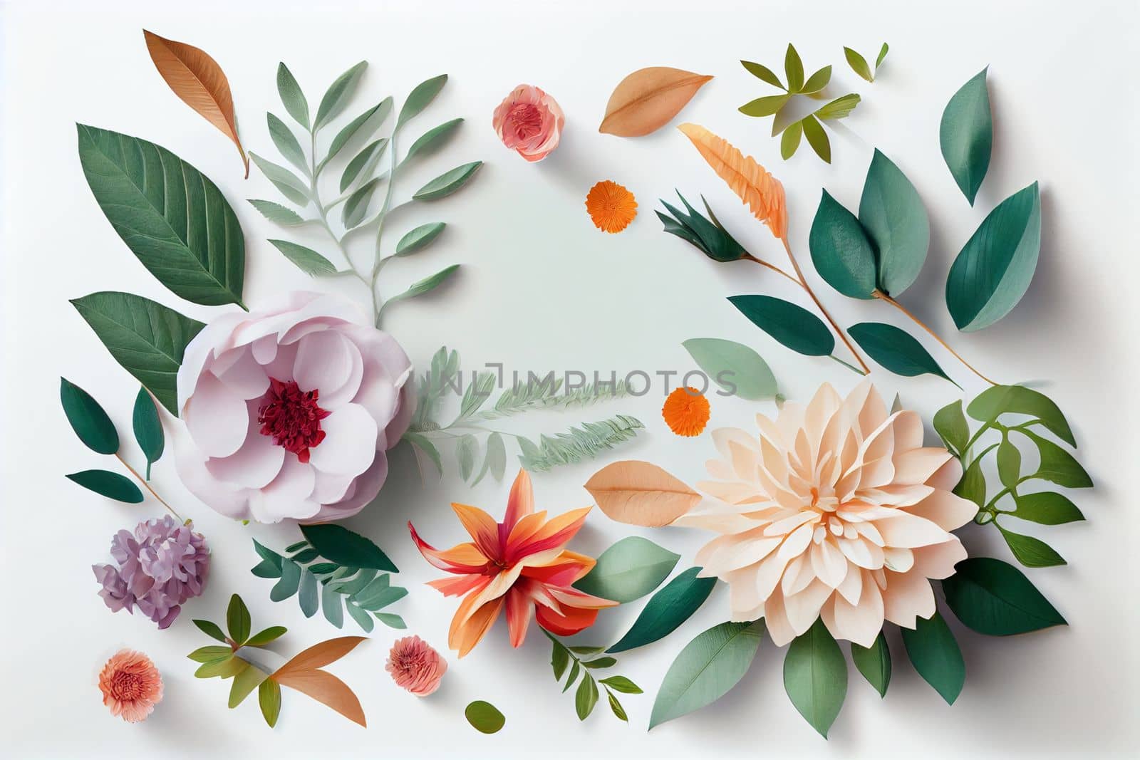 Composition of flowers. Frame pattern made from different dried flowers and leaves on white background. Flat lay, top view, copy space