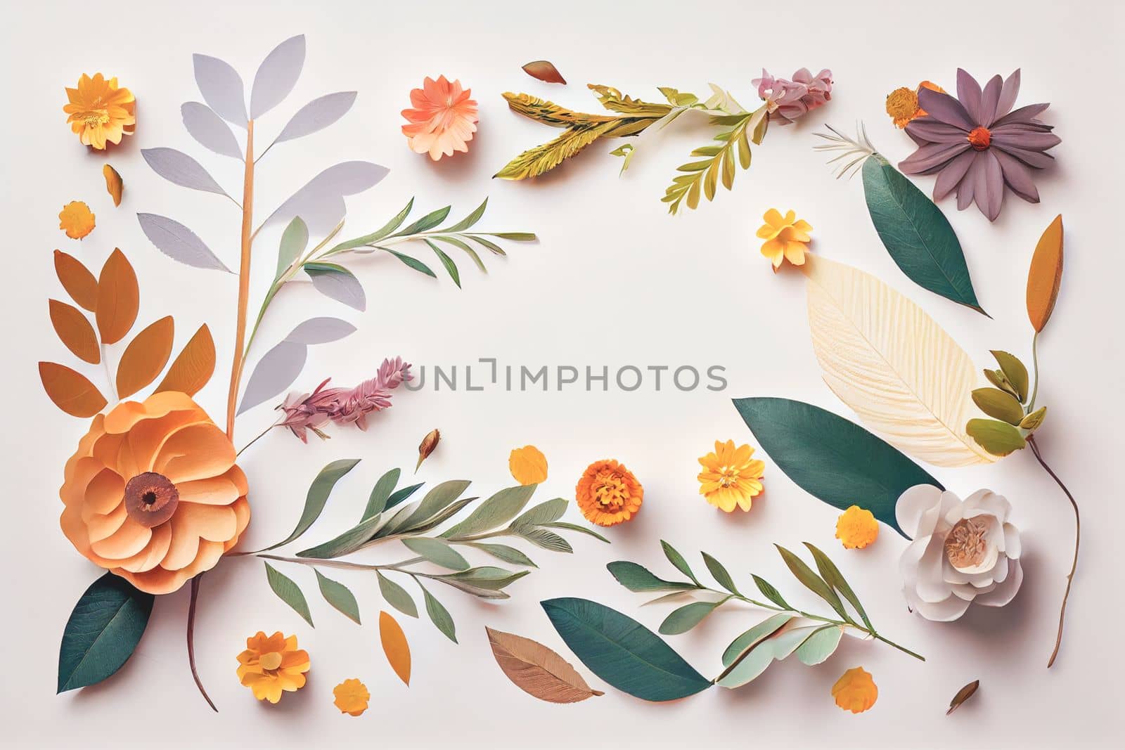 Composition of flowers. Frame pattern made from different dried flowers and leaves on white background. Flat lay, top view, copy space