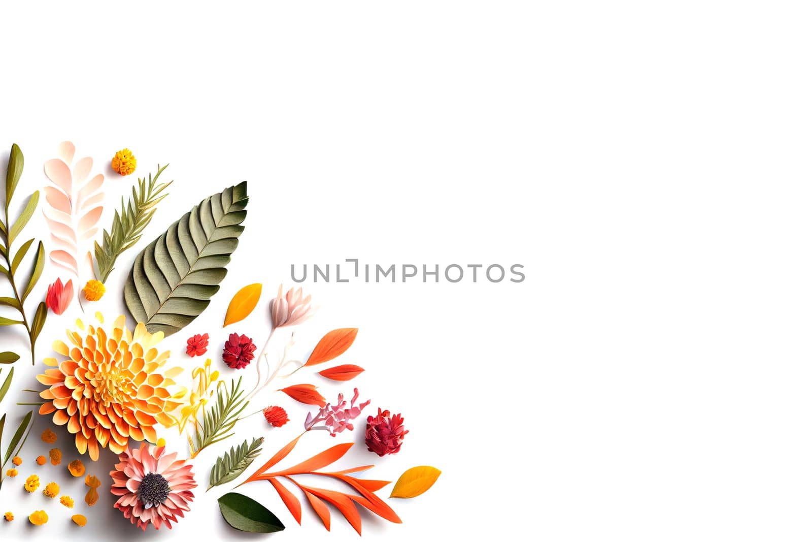 Composition of flowers. Frame pattern made from different dried flowers and leaves on white background. Flat lay, top view, copy space