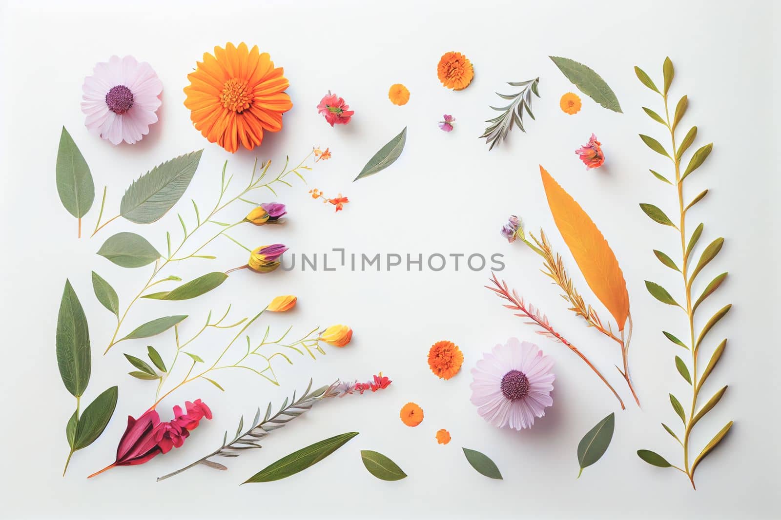 Composition of flowers. Frame pattern made from different dried flowers and leaves on white background. Flat lay, top view, copy space