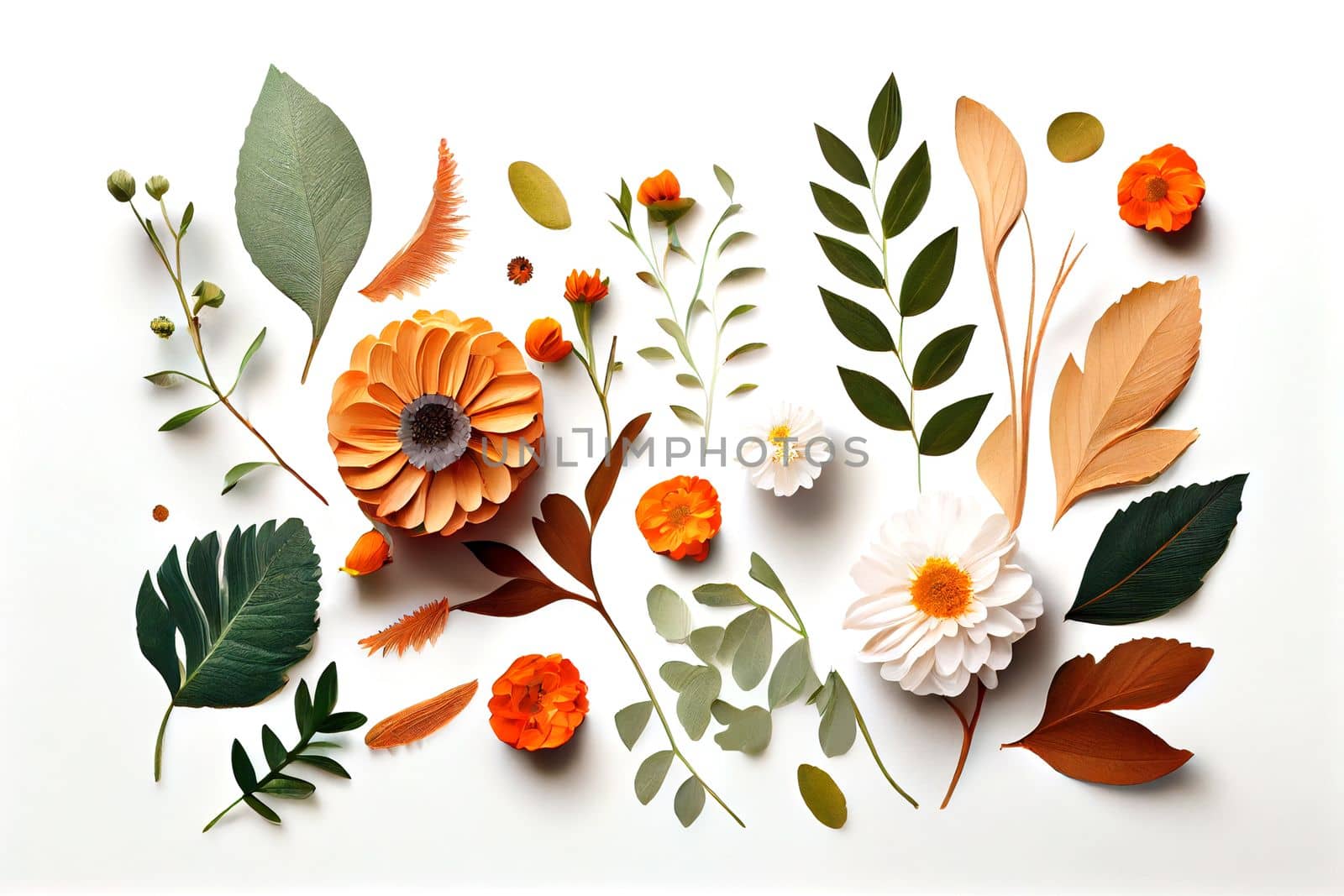 Composition of flowers. Frame pattern made from different dried flowers and leaves on white background. Flat lay, top view, copy space