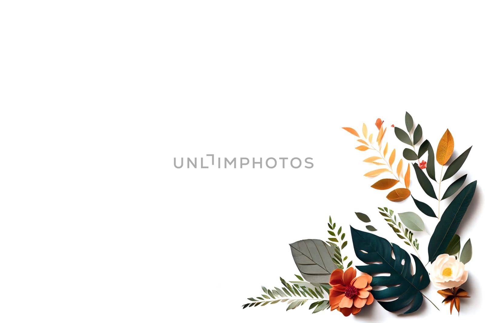 Composition of flowers. Frame pattern made from different dried flowers and leaves on white background. Flat lay, top view, copy space