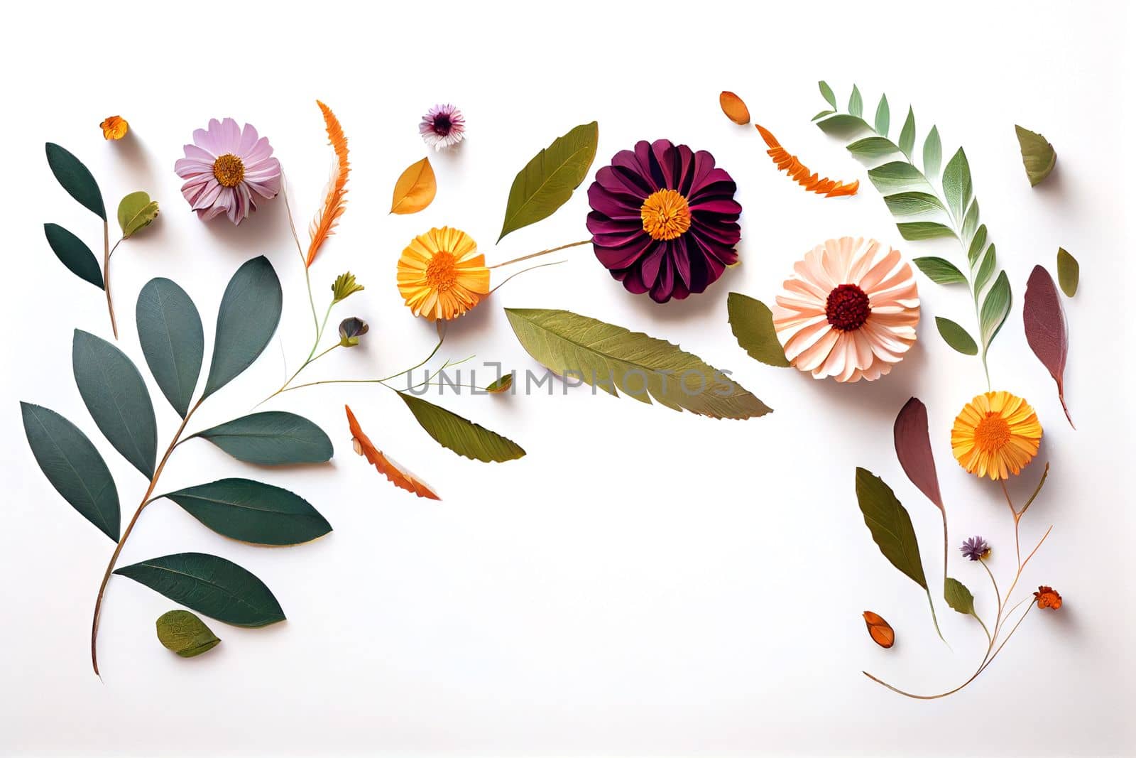 Composition of flowers. Frame pattern made from different dried flowers and leaves on white background. Flat lay, top view, copy space