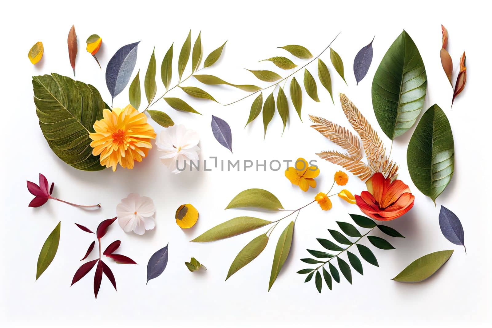 Composition of flowers. Frame pattern made from different dried flowers and leaves on white background. Flat lay, top view, copy space