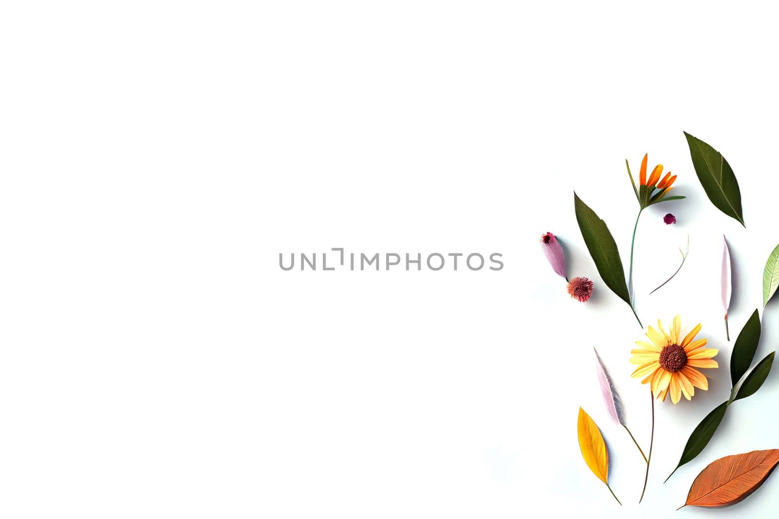 Composition of flowers. Frame pattern made from different dried flowers and leaves on white background. Flat lay, top view, copy space