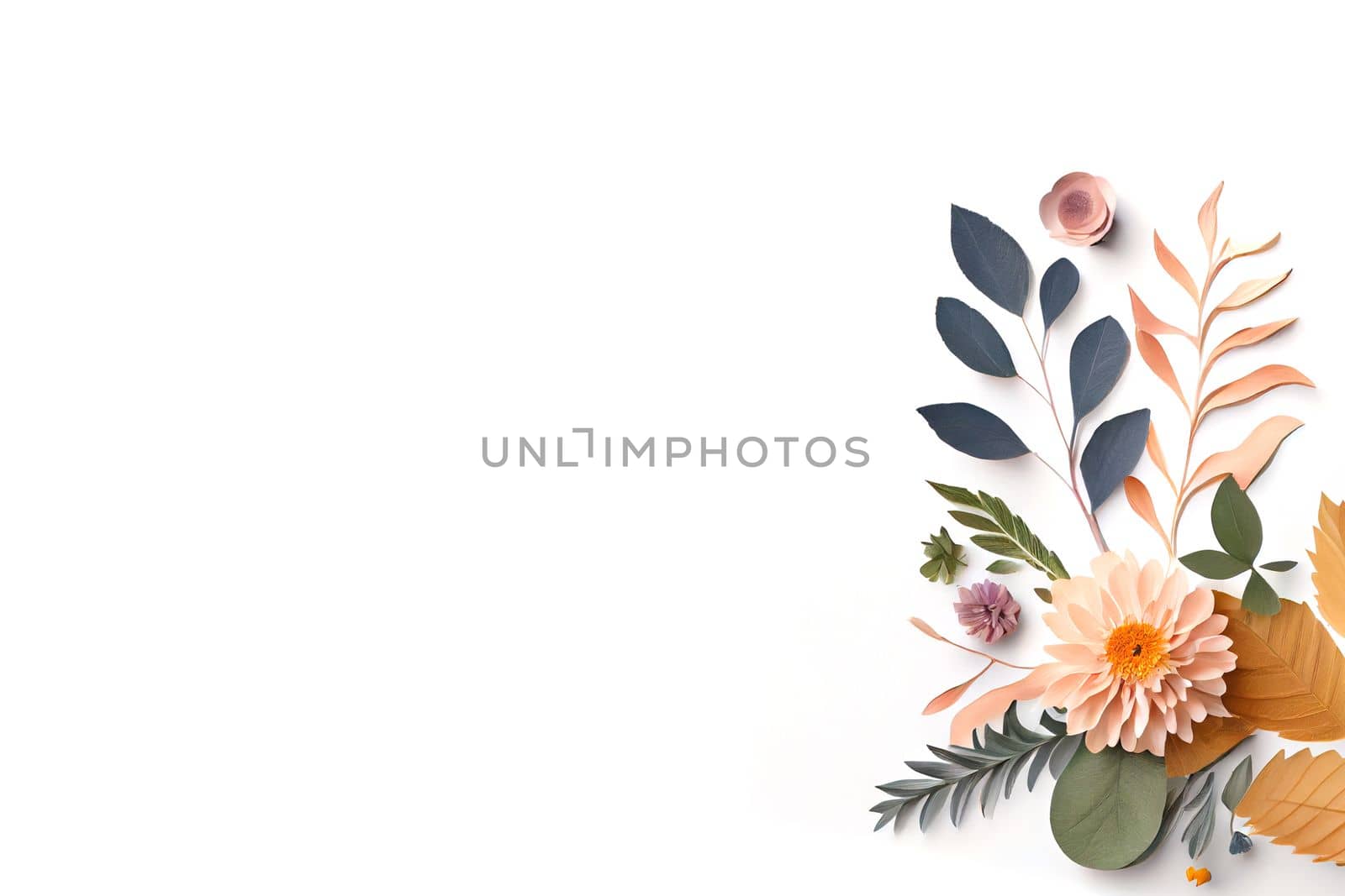 Composition of flowers. Frame pattern made from different dried flowers and leaves on white background. Flat lay, top view, copy space