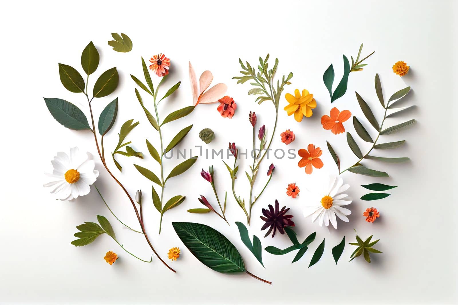 Composition of flowers. Frame pattern made from different dried flowers and leaves on white background. Flat lay, top view, copy space