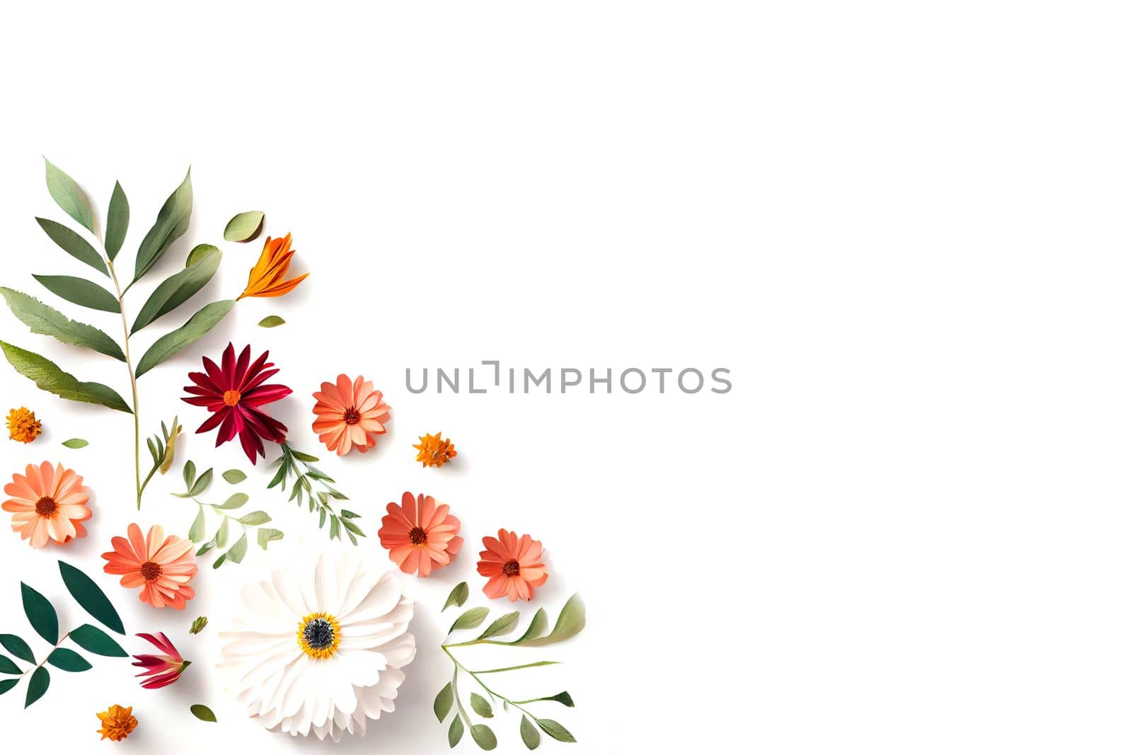 Composition of flowers. Frame pattern made from different dried flowers and leaves on white background. Flat lay, top view, copy space