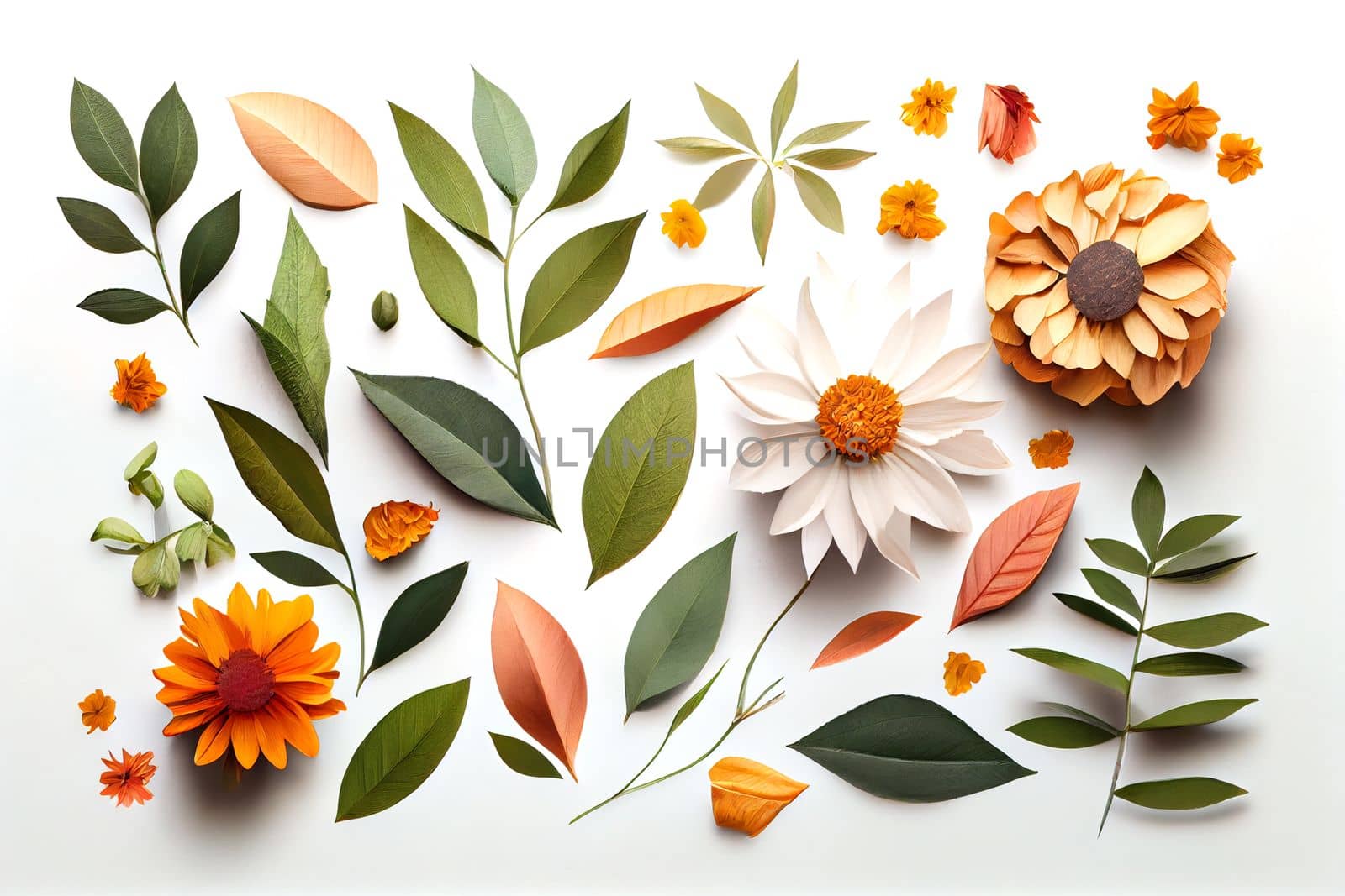 Composition of flowers. Frame pattern made from different dried flowers and leaves on white background. Flat lay, top view, copy space