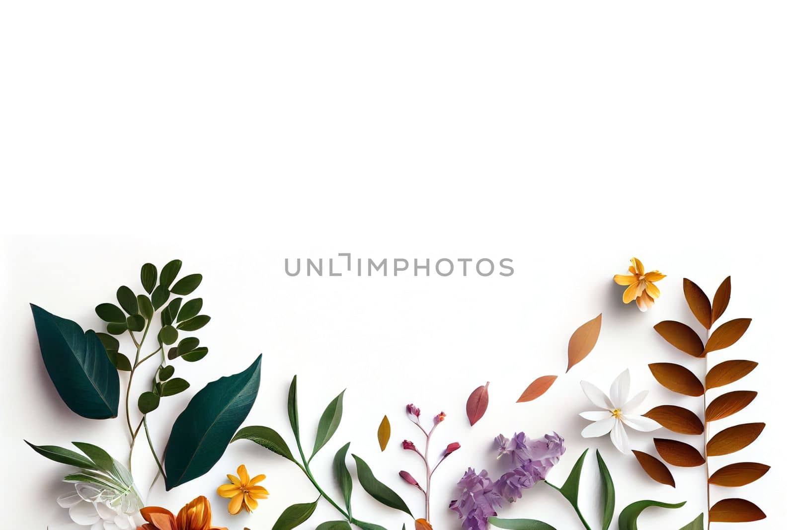 Composition of flowers. Frame pattern made from different dried flowers and leaves on white background. Flat lay, top view, copy space