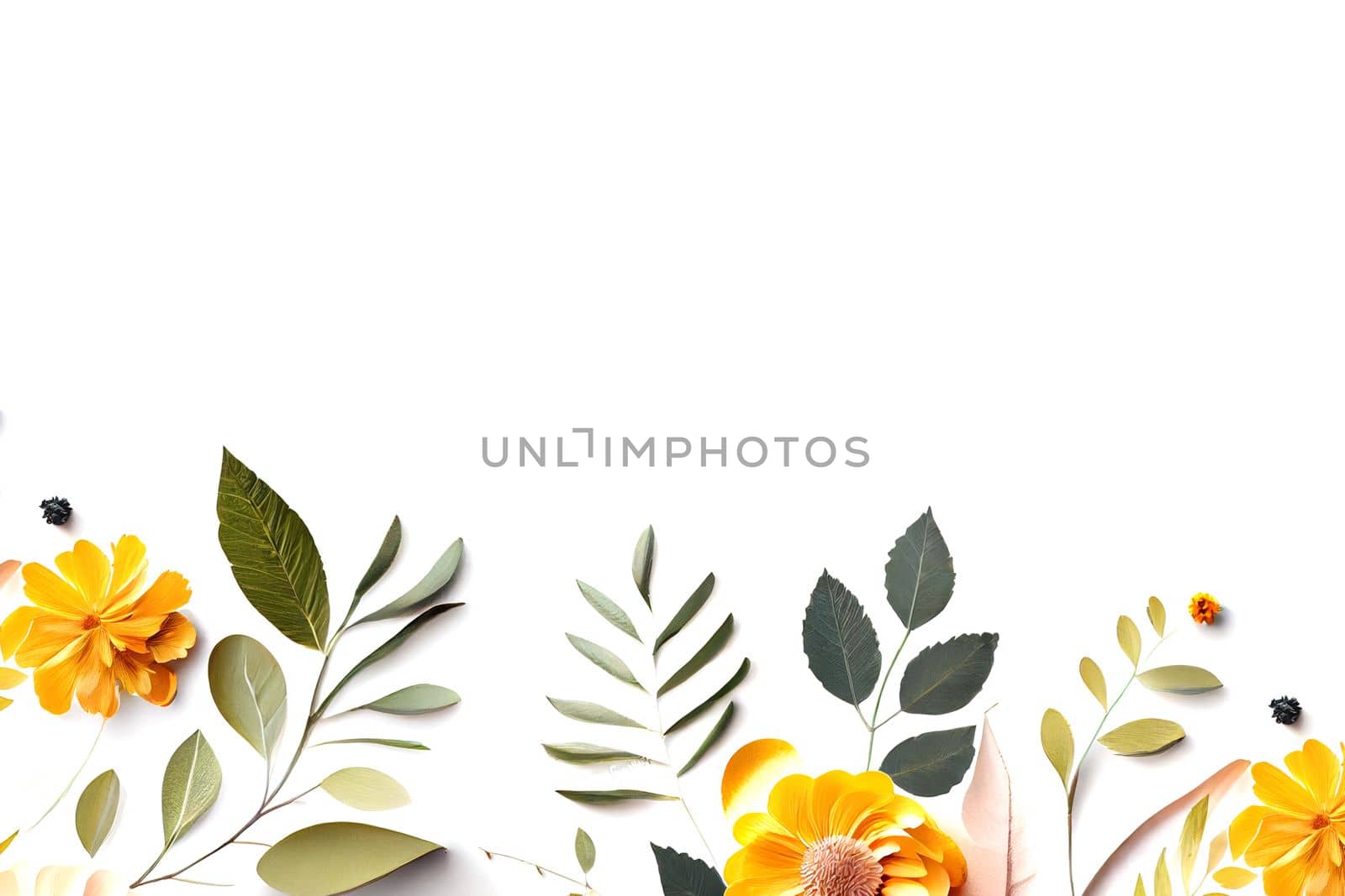 Composition of flowers. Frame pattern made from different dried flowers and leaves on white background. Flat lay, top view, copy space