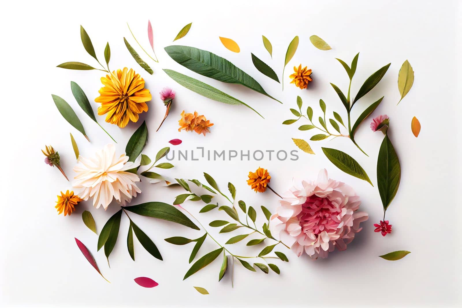 Composition of flowers. Frame pattern made from different dried flowers and leaves on white background. Flat lay, top view, copy space