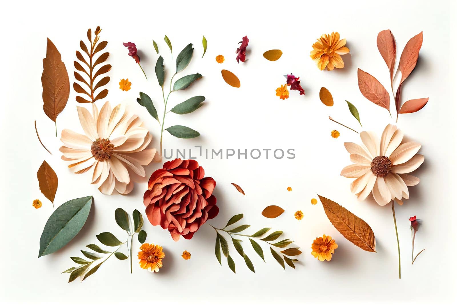 Composition of flowers. Frame pattern made from different dried flowers and leaves on white background. Flat lay, top view, copy space