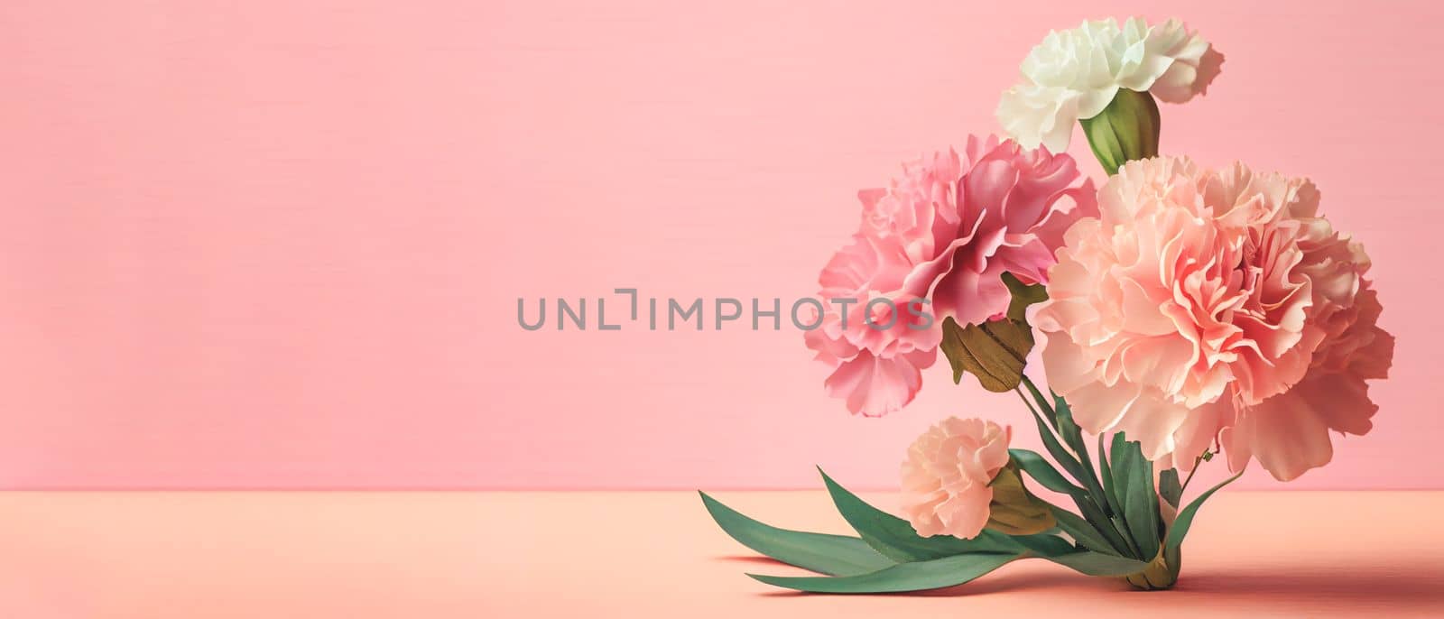 Carnation bouquet on pastel pink background with copy space. 3D illustration concept for Mother's Day holiday greetings card. Wide angle format banner. by FokasuArt