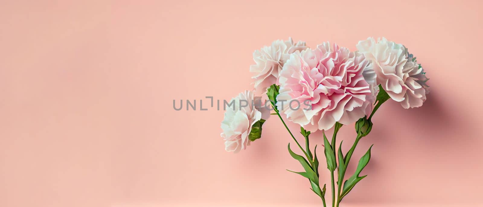 Carnation bouquet on pastel pink background with copy space. 3D illustration concept for Mother's Day holiday greetings card. Wide angle format banner