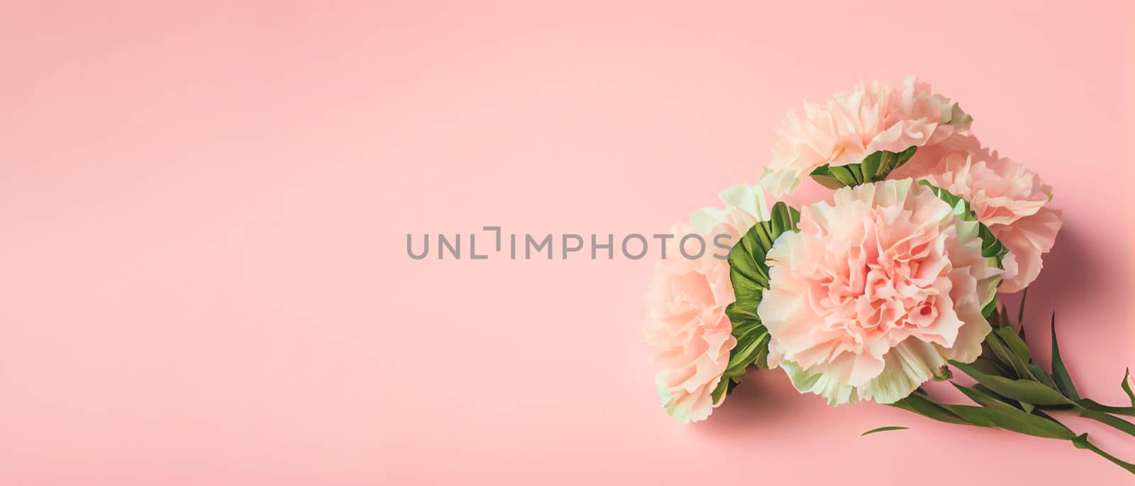 Carnation bouquet on pastel pink background with copy space. 3D illustration concept for Mother's Day holiday greetings card. Wide angle format banner. by FokasuArt
