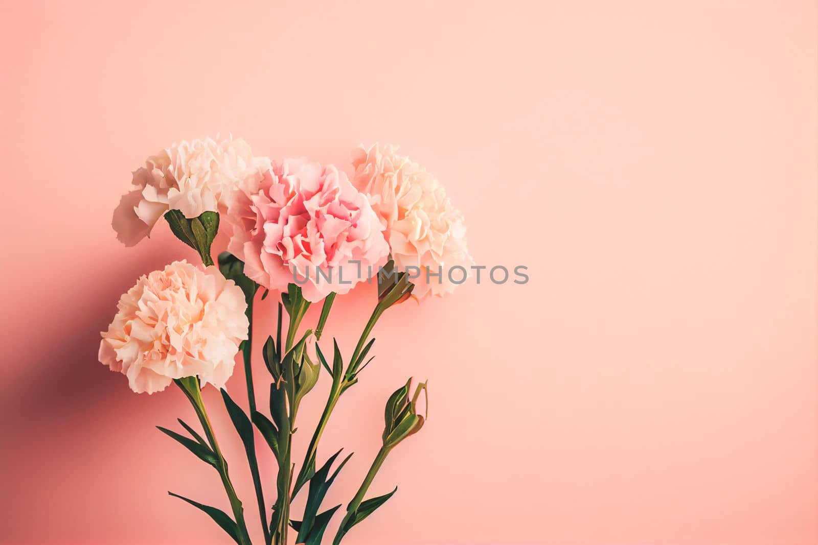 Carnation bouquet on pastel pink background with copy space. 3D illustration concept for Mother's Day holiday greetings card. Wide angle format banner. by FokasuArt