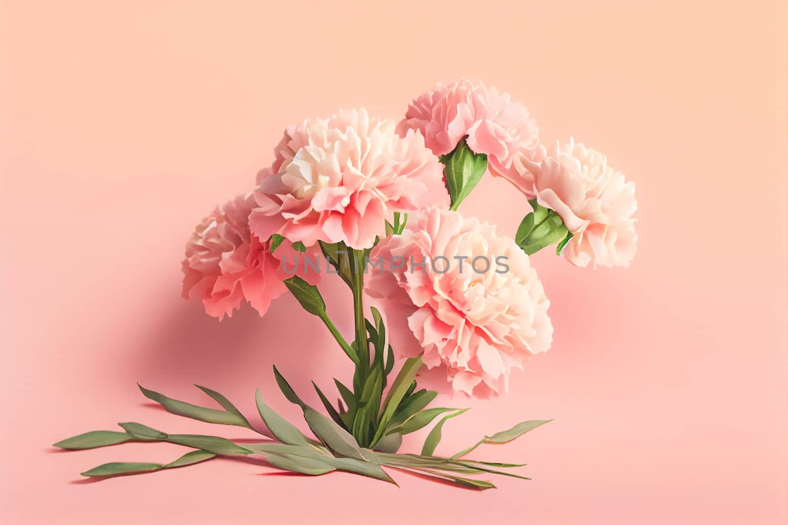 Carnation bouquet on pastel pink background with copy space. 3D illustration concept for Mother's Day holiday greetings card. Wide angle format banner