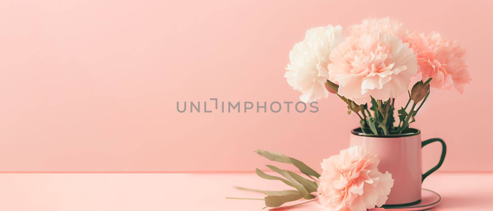 Carnation bouquet on pastel pink background with copy space. 3D illustration concept for Mother's Day holiday greetings card. Wide angle format banner